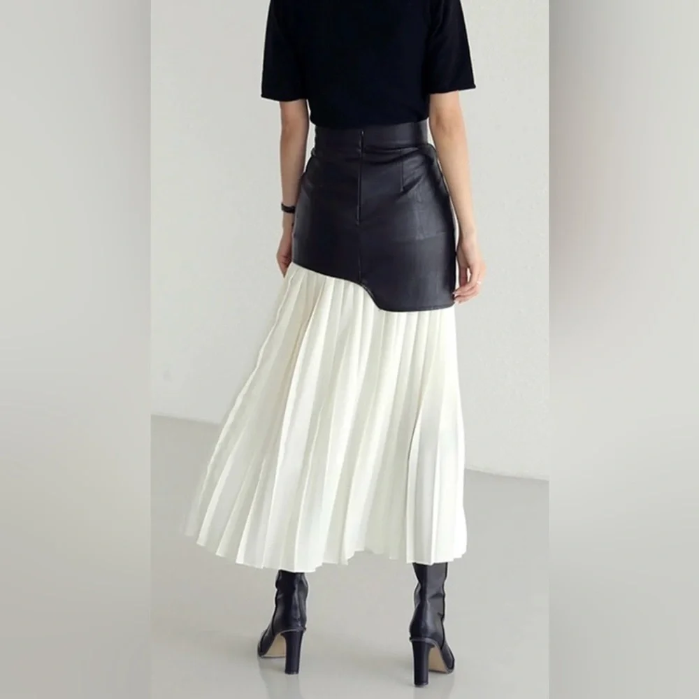 467. Commense Asymmetric Patchwork Faux Leather Chiffon Pleated Maxi Skirt M - Picture 2 of 10